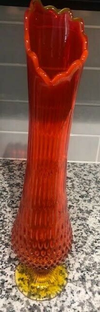 Vintage Amberina Maybe Viking Glass Vase Large Red Orange Yellow 15” Tall
