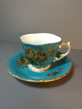 Elegant Vintage Aynsley Turquoise & Gold Scrollwork Bone China Tea Cup & Saucer