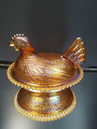 Vintage Indiana Glass Beaded Chicken Hen On Nest 7 " Gold Carnival