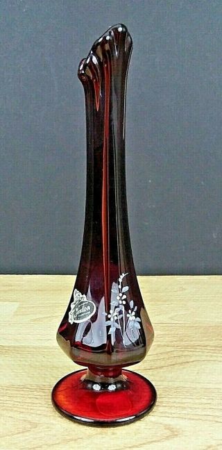 Fenton Ruby Red Glass Swung Bud Vase Footed 8 Paneled Hand Painted Artist Signed