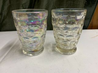 2 Vintage Iridescent Thumbprint Glass Footed Tumblers / Glasses 4 Inches Tall