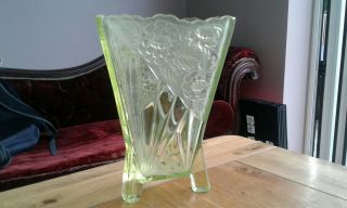 Antique Art Deco Sowerby Daisy Pressed Glass Vase.  Uranium Glass?