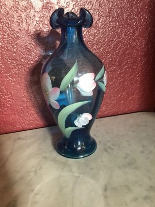 Fenton Indigo Blue Vase W/hand Painted Flowers 8 1/2 " Signed