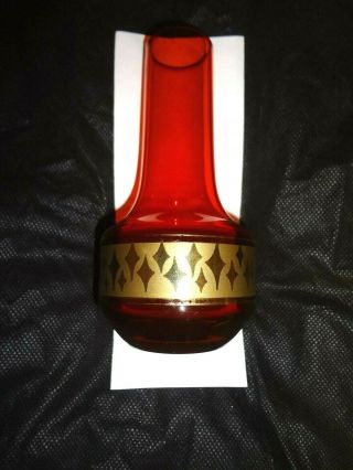 Vintage Bohemian Czech Ruby Red Glass Vase With Gold Paint Decor 6.  5 Inches Tall