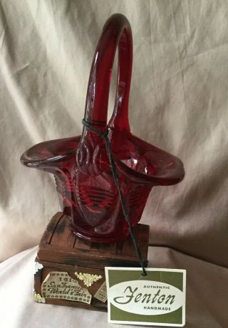 Fenton Art Glass Mini Basket In Red Orange Marked Fenton W/ Tag Hand Made
