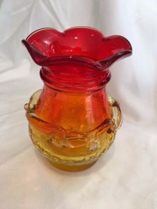 Vintage Red Orange Yellow Small Crackle Glass Vase With Applied Middle