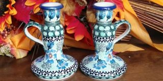 Pair Polish Pottery Unikat Blue Green Candlestick Finger Candle Holders 5.  25 "