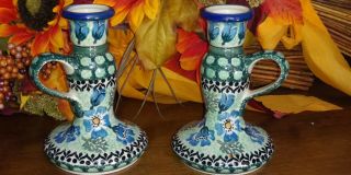 Pair Polish Pottery Unikat Blue Green Candlestick Finger Candle Holders 5.  25 