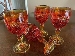Degenhart Glass (4) Pinwheel Mini Wine Goblet Amberina Red / Yellow