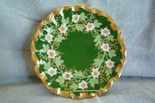 Limoges France Porcelain 9 1/4 " Scalloped Gold Edged Plate Green Pink Flowers