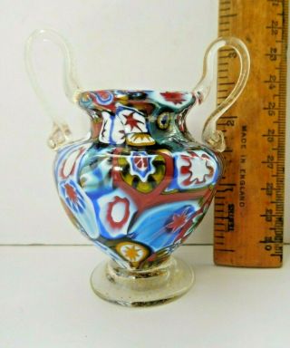Fratelli Toso Venetian Glass Miniature Vase With Millifiore & Applied Handles