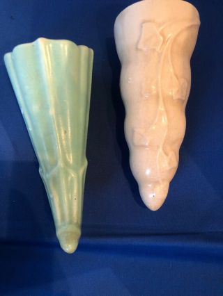 2 Vintage Ceramic Pottery 1 Green & I Cream Wall Pocket Vase Flower Planter
