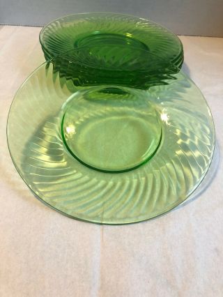 Vintage Set Of 5 Federal Glass Company 7 3/4” Vaseline Glass Swirled Snack Plate