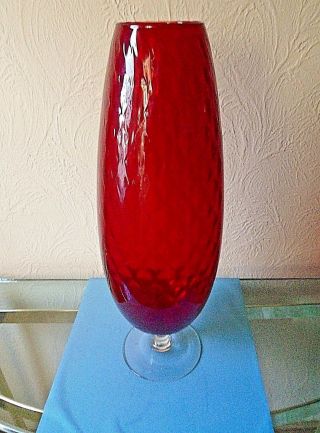 Tall 18 - 1/2 " Ruby Red Diamond Optic Glass Vase,  With A Clear Glass Pedestal