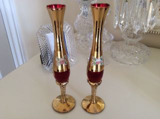 Vintage Pair Murano Ruby / Gold Gilt Hand Painted Bud Vases