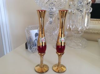 Vintage Pair Murano Ruby / Gold Gilt Hand painted Bud Vases 2