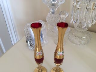 Vintage Pair Murano Ruby / Gold Gilt Hand painted Bud Vases 3