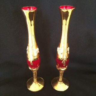 Vintage Pair Murano Ruby / Gold Gilt Hand painted Bud Vases 4