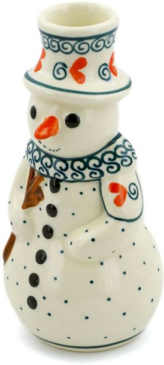 Polish Pottery Snowman Candle Holder 6 " Swirled Heart