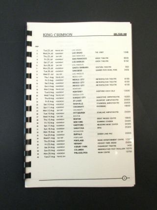 King Crimson Usa Tour 1996 Band & Crew Itinerary Book