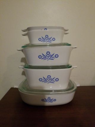 Vintage 8 Piece Corning Ware Blue Cornflower Casserole Set 5 Dishes And 3 Lids