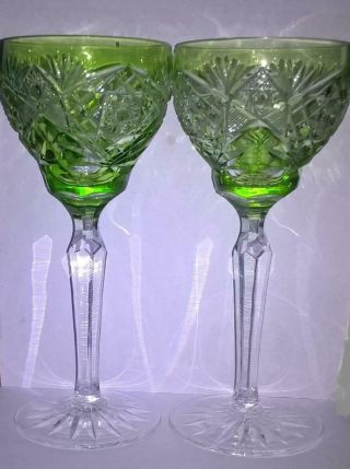 A Stunning Bohemian Lime,  Cut - To - Clear Hock Glasses Saw - Tooth Stems