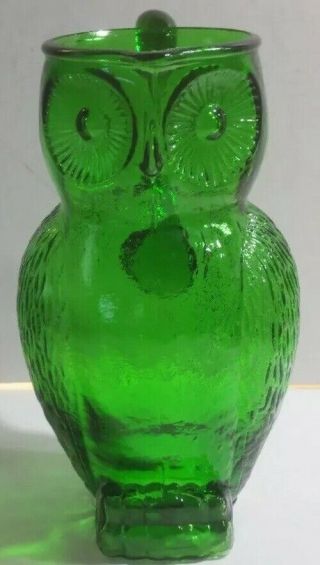 Vintage Owl Pitcher Mid Century Modern Green Glass