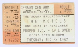Rare The Motels 8/3/82 Dallas Tx Agora Ballroom Ticket Stub