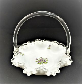 Vintage Fenton Silver Crest Ruffled White Glass Hand Painted Basket