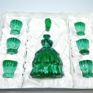 Antique Bohemian Malachite Glass - Decanter With Six Matching Glasses.  1930 
