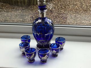 Vintage Murano Glass Blue/silver Decanter And Six Glasses