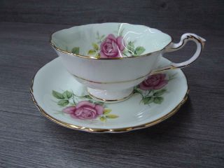 Paragon Green Rose Tea Cup And Saucer White And Gold Bone China