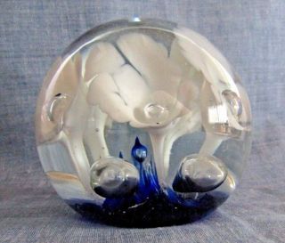 St Clair Large Glass Cobalt Blue And White Flowers Paperweight Signed