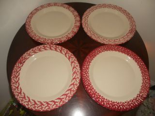 Set Of 4 Gerald E.  Henn Pottery Red & Cream Spongeware Dinner Plates