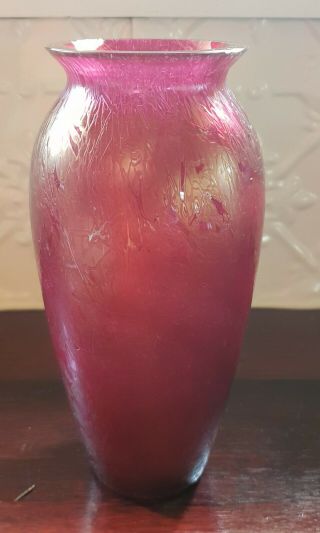 Brilliant Iridescent Cranberry Crackle Art Glass Vase Loetz/kralik ?