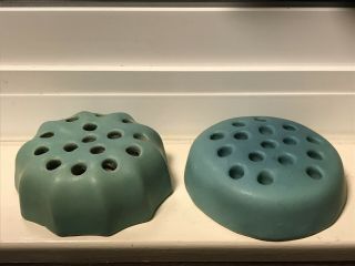 Two Van Briggle Pottery Sea Green Mat Flower Frogs Inserts