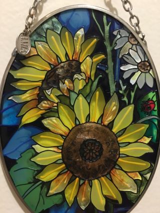 Amia Hand Painted Glass Sunflowers & Ladybug / Oval Suncatcher - No Chips/cracks
