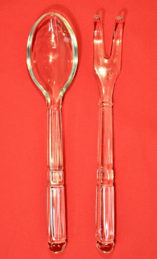 Vintage Depression 10” Glass Salad Fork And Spoon Set Unusual Pattern Exc