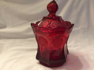 Red Coin Glass By Fostoria Glass Co.  Candy Jar With Lid
