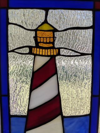 Lighthouse Stained Glass Suncatcher Window Decor Hanging w/ Chain Red White Blue 2