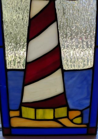 Lighthouse Stained Glass Suncatcher Window Decor Hanging w/ Chain Red White Blue 3