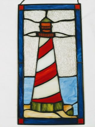 Lighthouse Stained Glass Suncatcher Window Decor Hanging w/ Chain Red White Blue 4