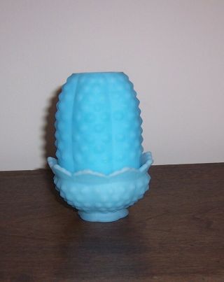 Fenton Hobnail Fairy Lamp Candle Holder - Light Powder Blue Satin - Marked