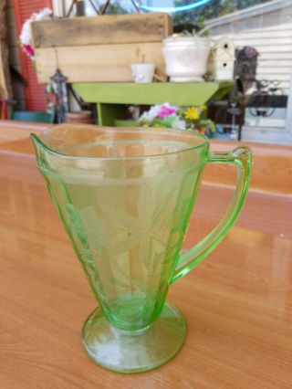 Green Depression Glass Pitcher - Jeannette Glass Co - Floral/poinsettia Pattern