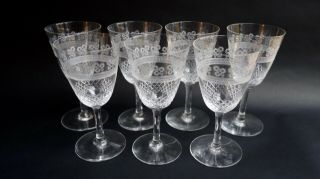 Seven Unusual Etched And Cut Pall Mall Wine Glasses