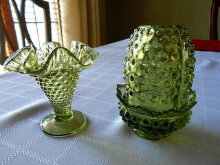 Fenton Art Glass,  Green,  Hobnail,  Fairy Lamp Light & Fluted Small Vase Set