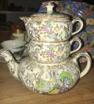 Vintage Lord Nelson Ware Pompadour Chintz Stacking Teapot Set England