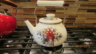 Lenox Winter Greetings Red Cardinal Enamel Tea Kettle Teapot