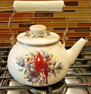 Lenox Winter Greetings Red Cardinal Enamel Tea Kettle Teapot 2