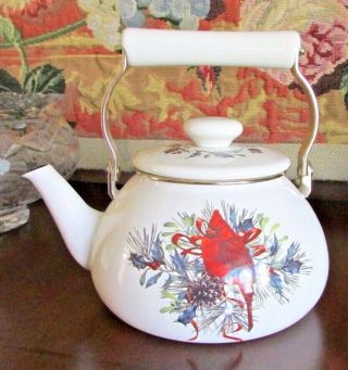 Lenox Winter Greetings Red Cardinal Enamel Tea Kettle Teapot 5